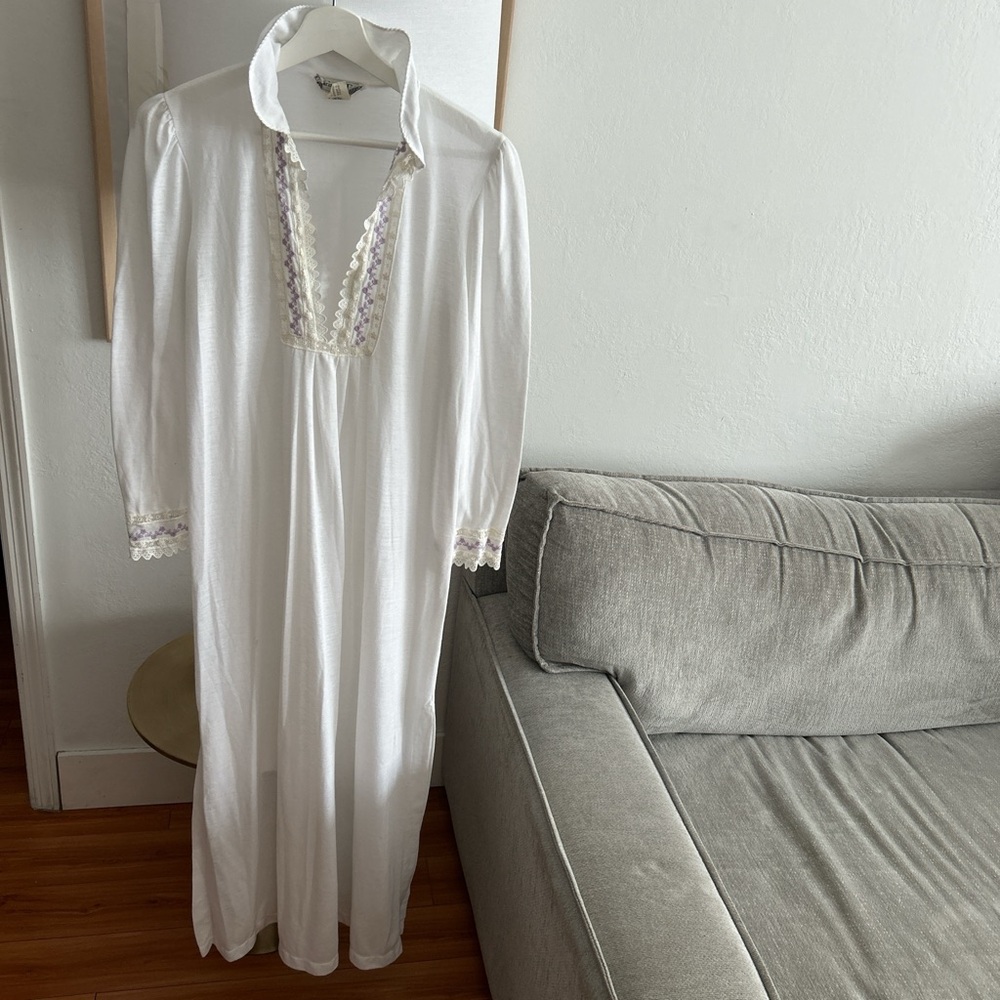 Dior White Long Lace-Trim Nightgown with Pale Lavender Accents